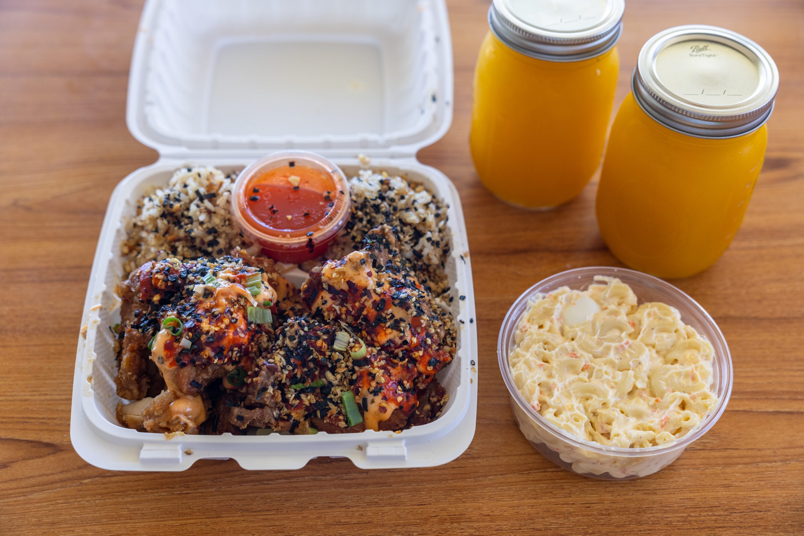 spicy garlic furikake chicken plate and macaroni salad from broke da mouth grindz on big island hawaii